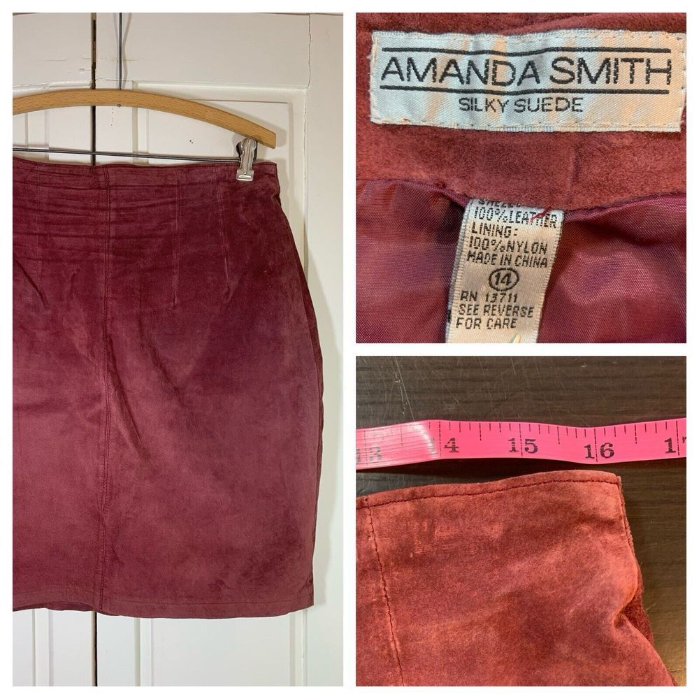 Vtg Brown Suede Leather Knee Length Skirt Amanda Smith 14 Lined Moto Classic